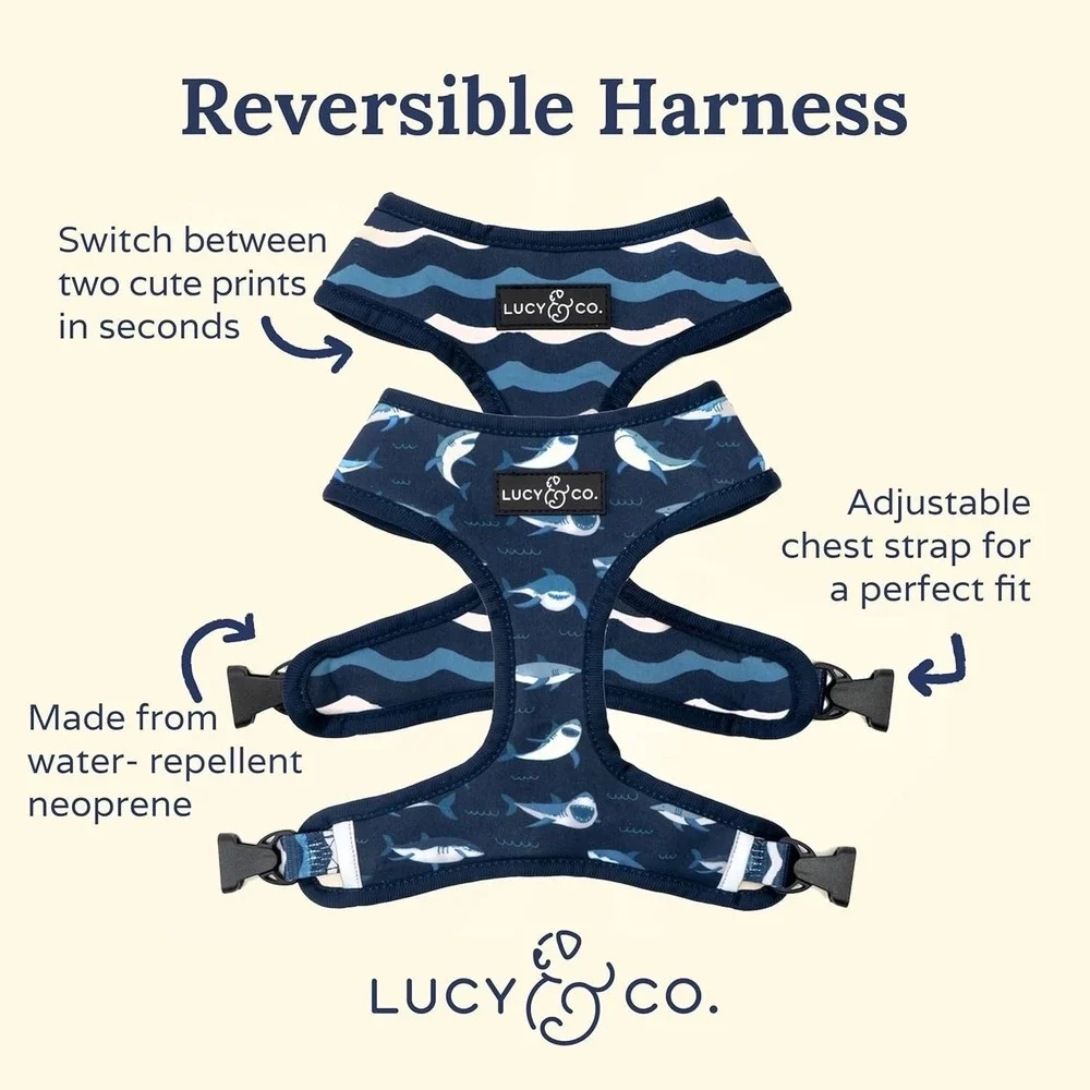 Lucy & Co. Reversible Dog‎ Harness Shark & Waves Print Blue Neoprene Size S**